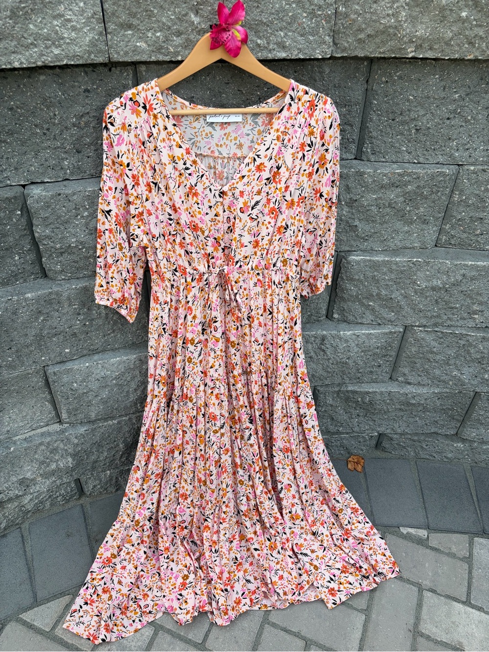 Petal & Pup Pink Floral Maxi Dress with Drawstring Waist Size Large